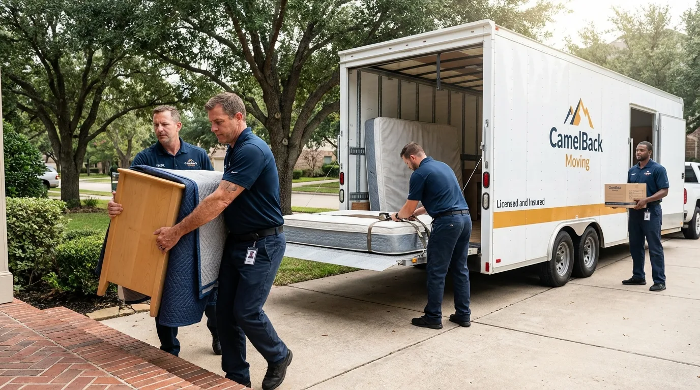Crew loading residential truck for cross-state move from Wrightstown, WI