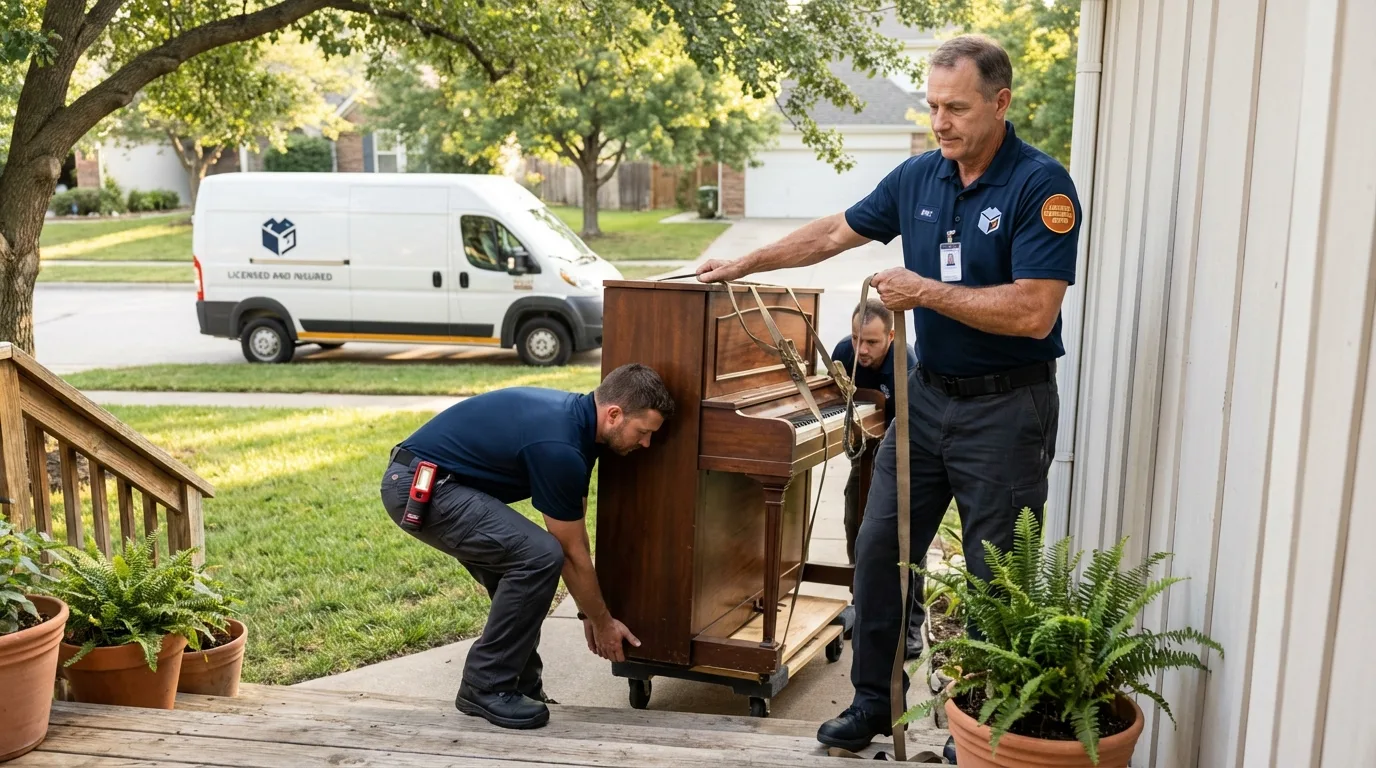 Licensed piano movers securing grand piano in Wrightstown, WI